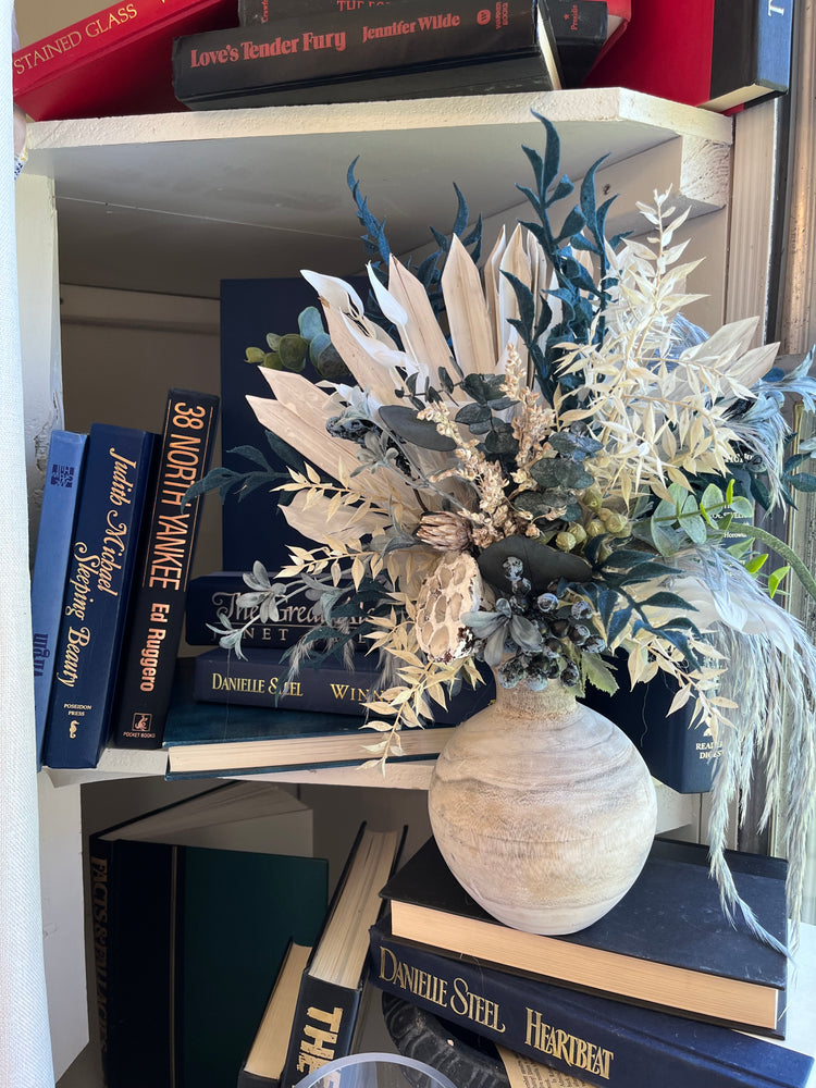 Blue and grey dried floral arrangement