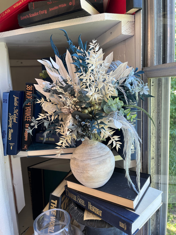 Blue and grey dried floral arrangement