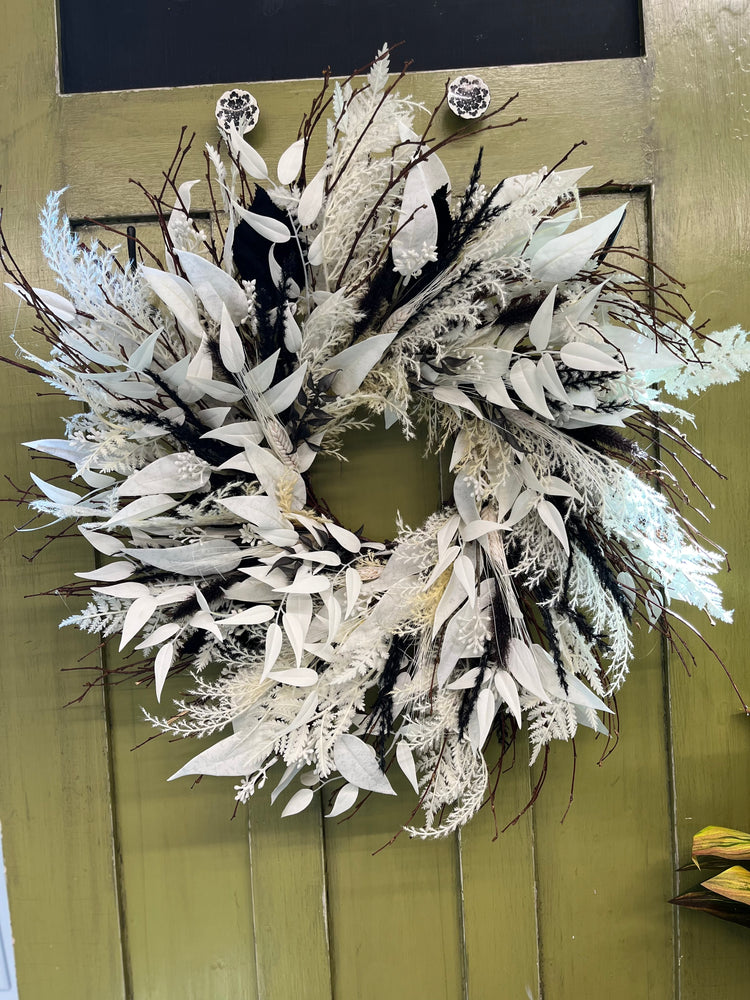 Black and white faux pampas wreath