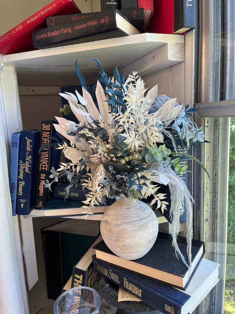 Blue and grey dried floral arrangement