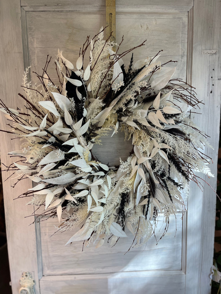 Black and white faux pampas wreath