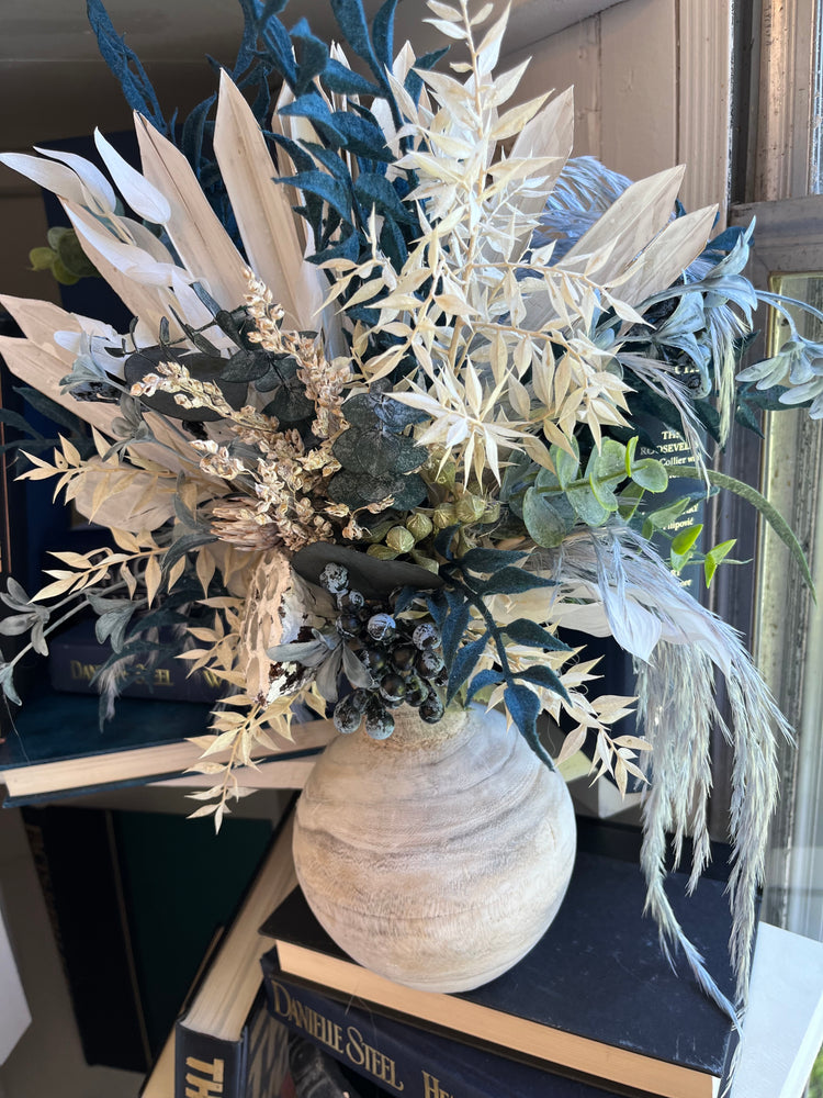 Blue and grey dried floral arrangement